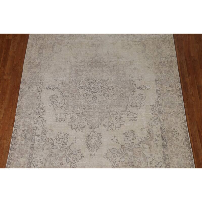 Hand Knotted Oriental 100% Wool Carpet Traditional Floral Beige & Ivories Tabriz Area Rug - 9' 7'' X 6' 7''