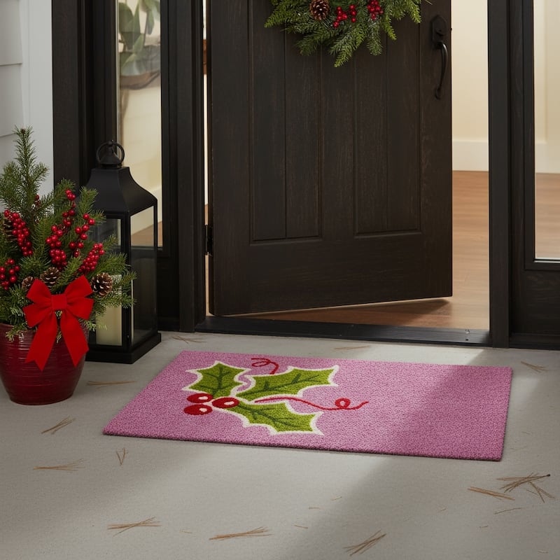 HomeRoots 17" X 29" Pink Green And Red Christmas Outdoor Coir Door Mat - 17.00' X '29.00 - 17.00' X '29.00