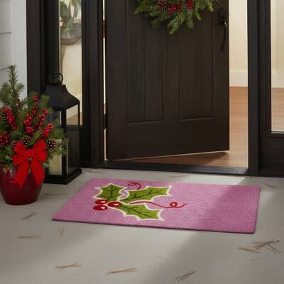 HomeRoots 17" X 29" Pink Green And Red Christmas Outdoor Coir Door Mat - 17.00' X '29.00
