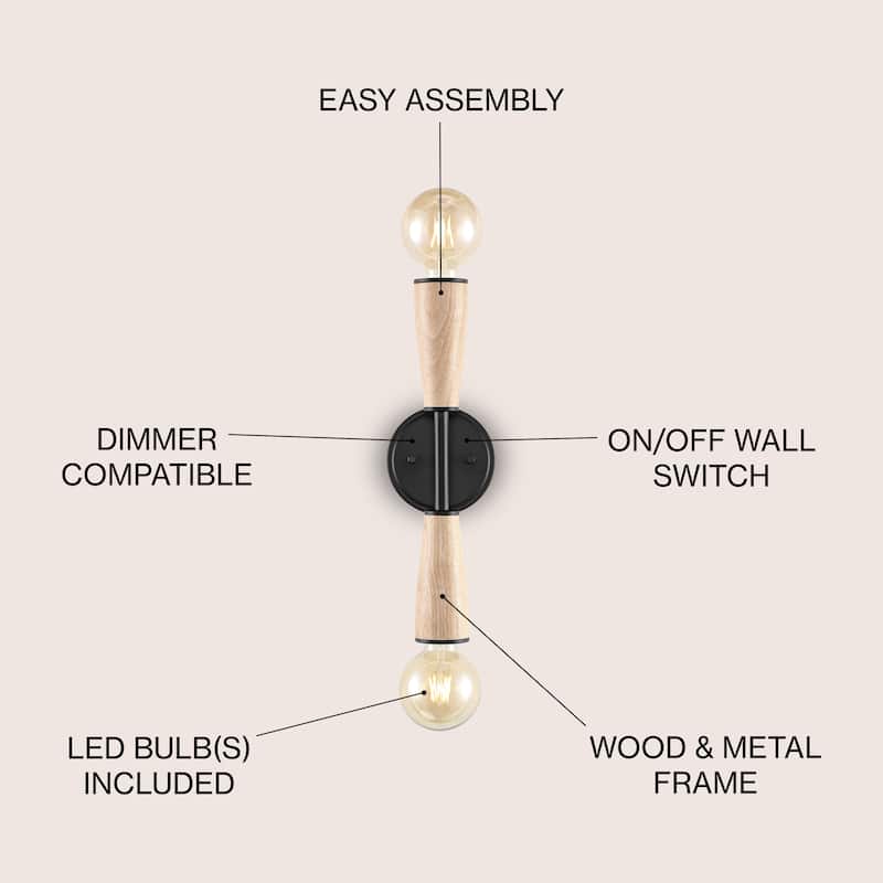 Nicole 5.13" 2-Light Modern Designer Iron/Wood Double Sided Hourglass LED Sconce, Light Brown/Black by JONATHAN Y