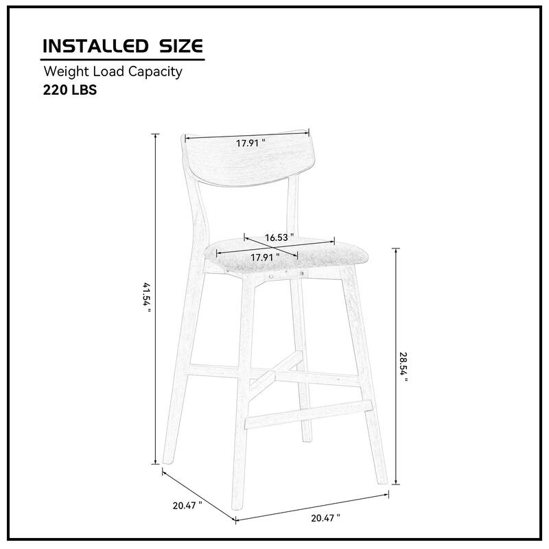 2-Piece Bar Chair Set, Solid Rubber Wood Frame, Upholstered Counter Stools with Footrest