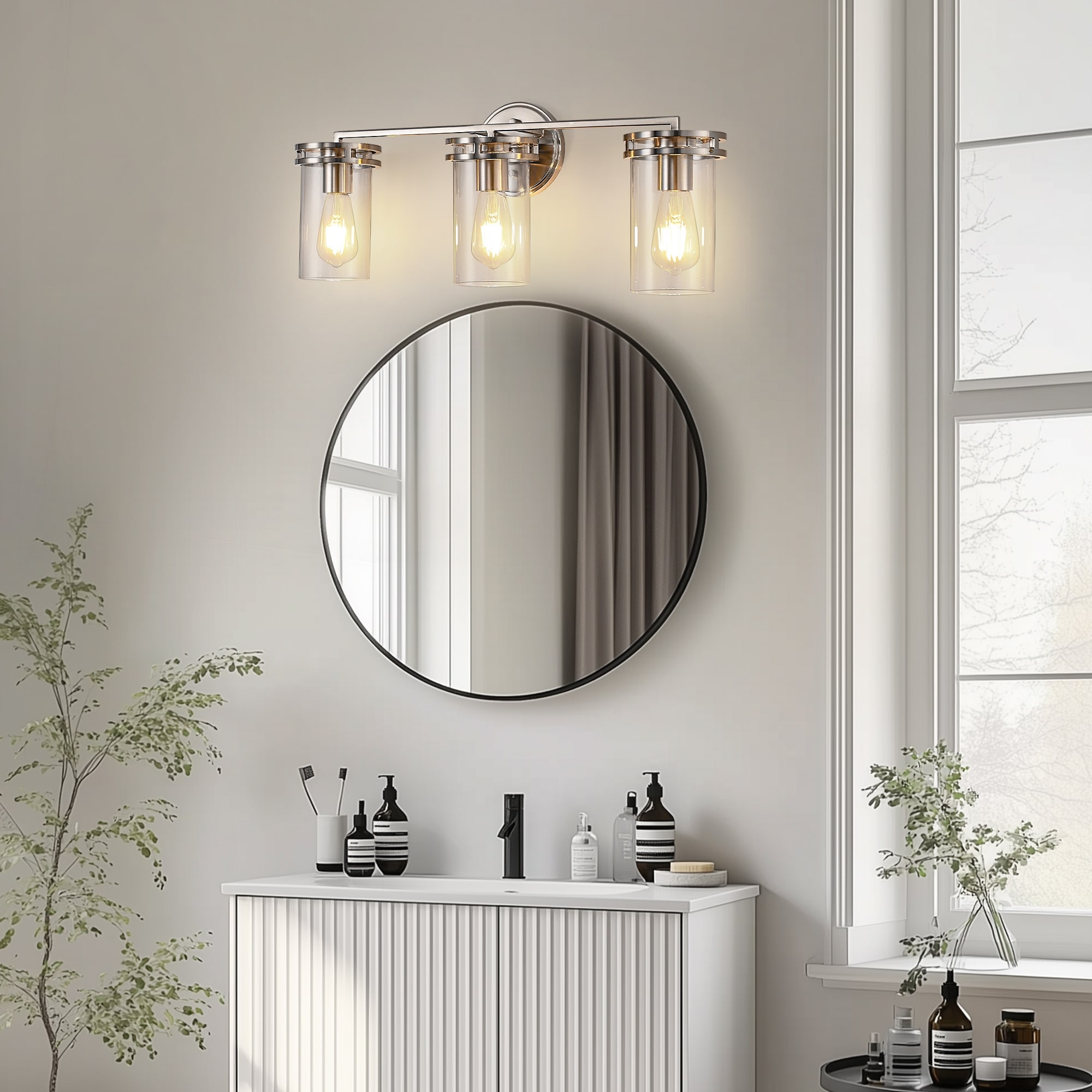 YANSUN 3-Light Nickel Vanity Light,E26 Modern Wall Light for
