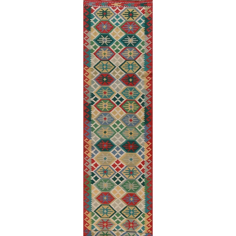 Hand Woven Oriental 100% Wool Carpet Southwestern All-Over Multi-Colored Kilim Runner Rug - 15' 11'' X 2' 10''