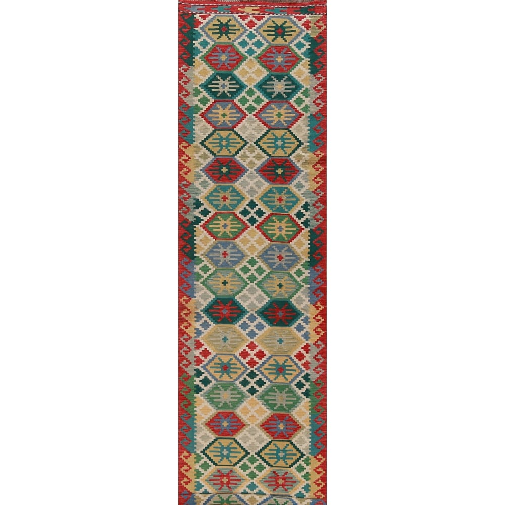 Hand Woven Oriental 100% Wool Carpet Southwestern All-Over Multi-Colored Kilim Runner Rug - 15' 11'' X 2' 10''