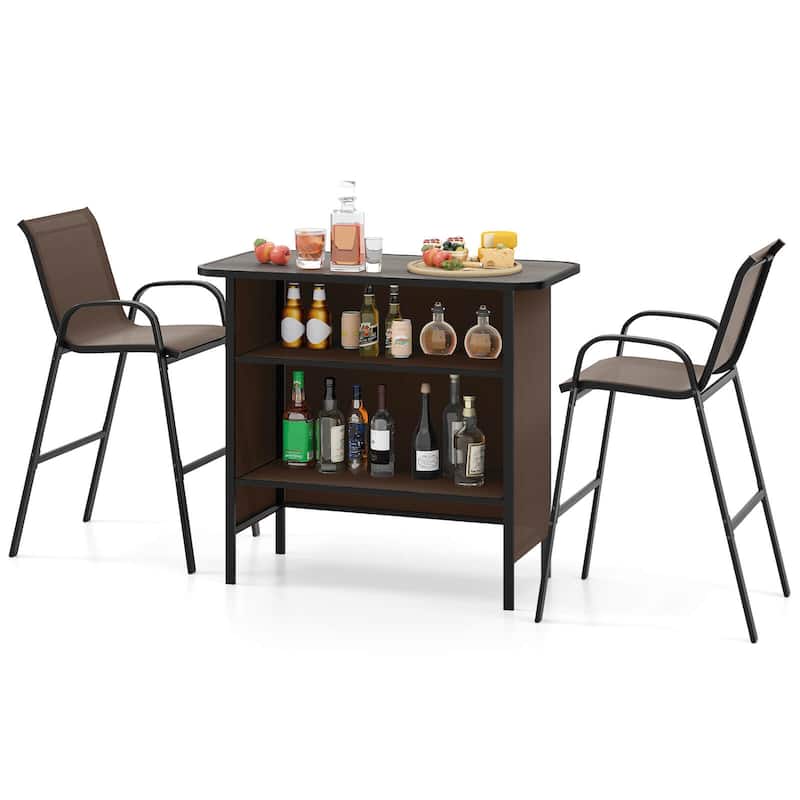 Costway 3 PCS Outdoor Bar Set Bar Height Table & Armchairs with - See Details - Brown
