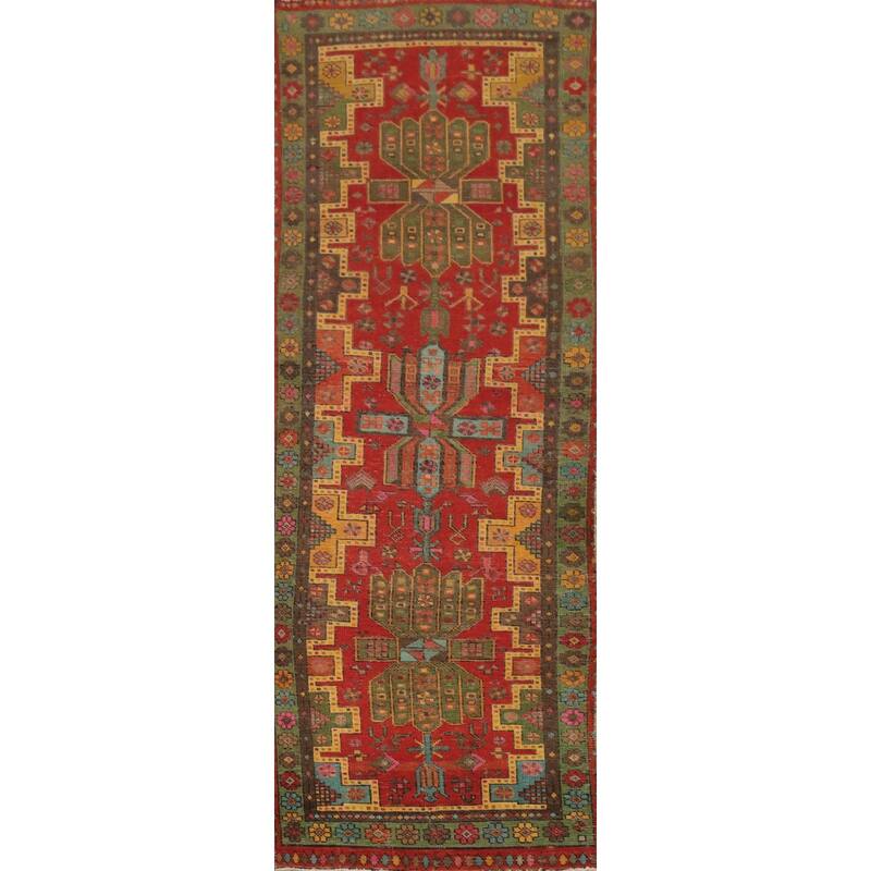 Hand Knotted Oriental 100% Wool Carpet Traditional Geometric Red Tabriz Runner Rug - 10' 7'' X 3' 1''