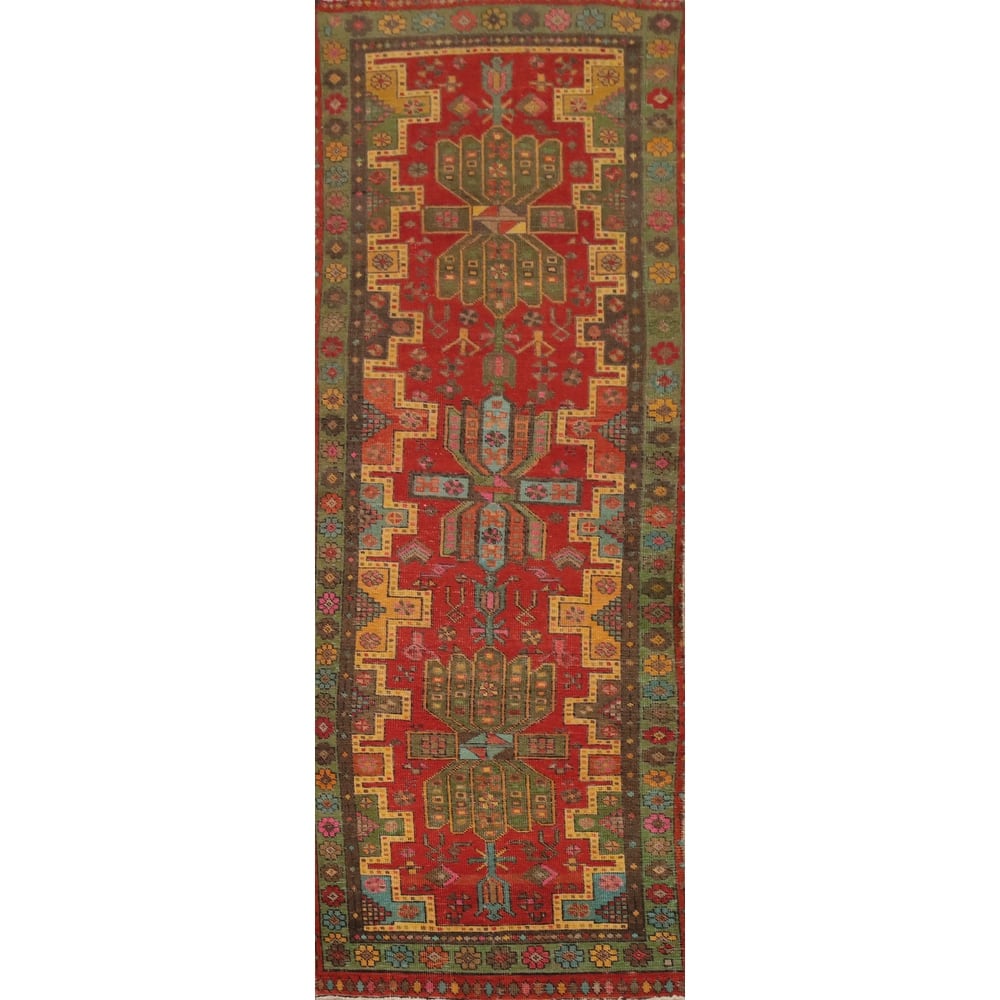 Hand Knotted Oriental 100% Wool Carpet Traditional Geometric Red Tabriz Runner Rug - 10' 7'' X 3' 1''