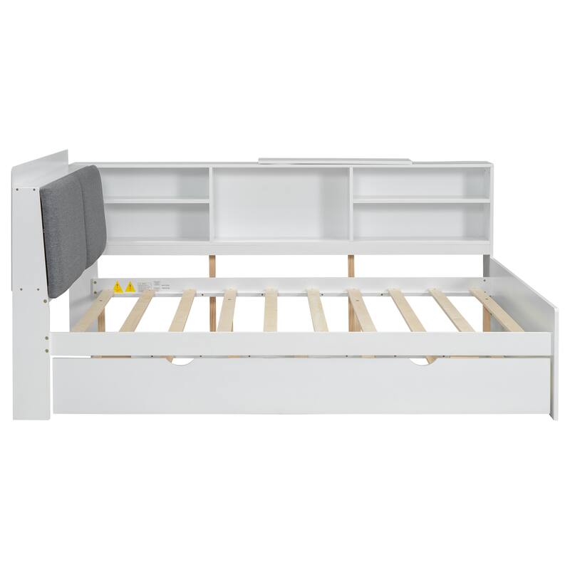 Wood Platform Bed with Trundle, Shelves and Storage Headboard