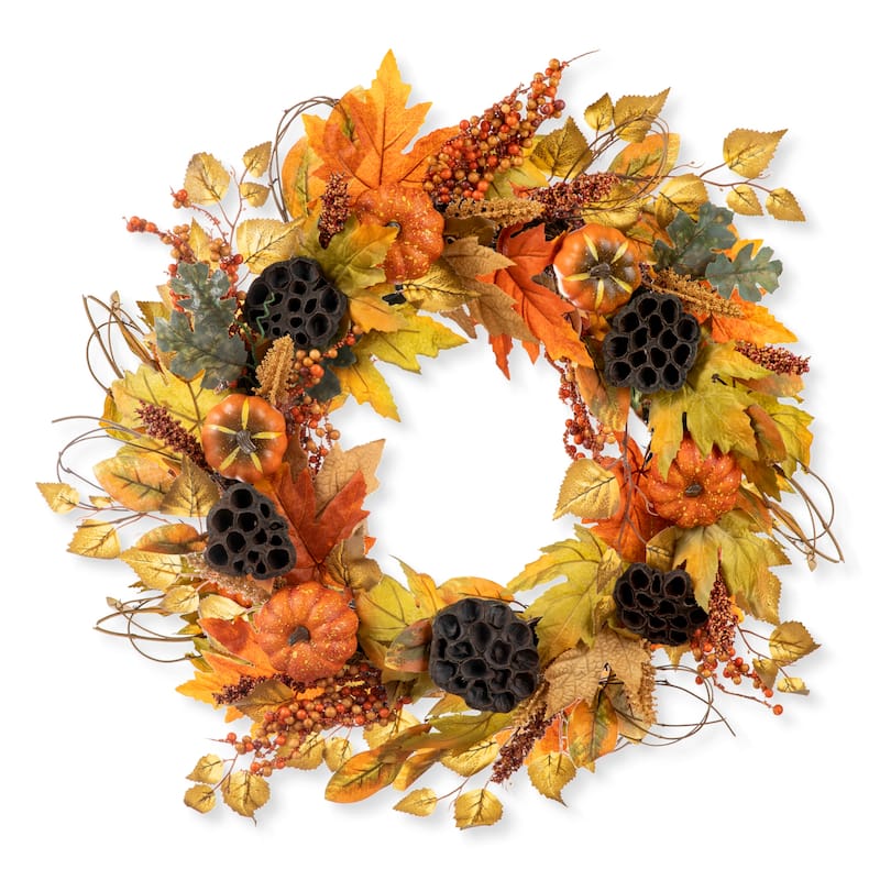Glitzhome 24"D Fall Pumpkin Sunflower Lotus Floral & Wreath for Thanksgiving