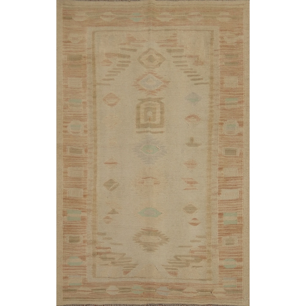 Hand Woven Oriental 100% Wool Carpet Southwestern Tribal Beige & Ivories Kilim Area Rug - 5' 11'' X 4' 2''