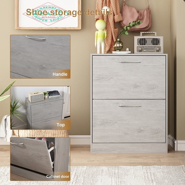 Grey Wood 12Pair Shoe Storage w/ 2 Flip Drawers by Kerrogee