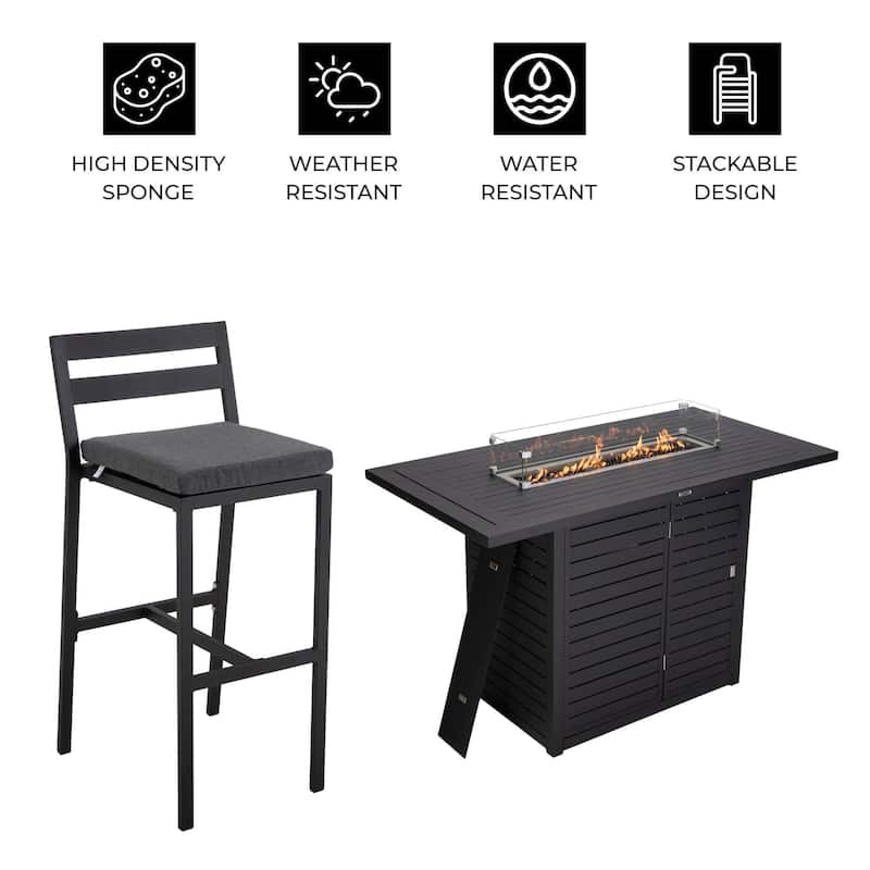 7-Piece Outdoor Patio Bar Height Dining Set in Aluminum with Rectangular Fire Pit Table and 6 Barstool