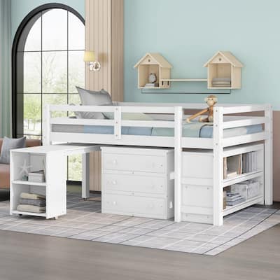Multiple Functions Low Loft Bed with Cabinet, Shelves and Rolling Portable Desk