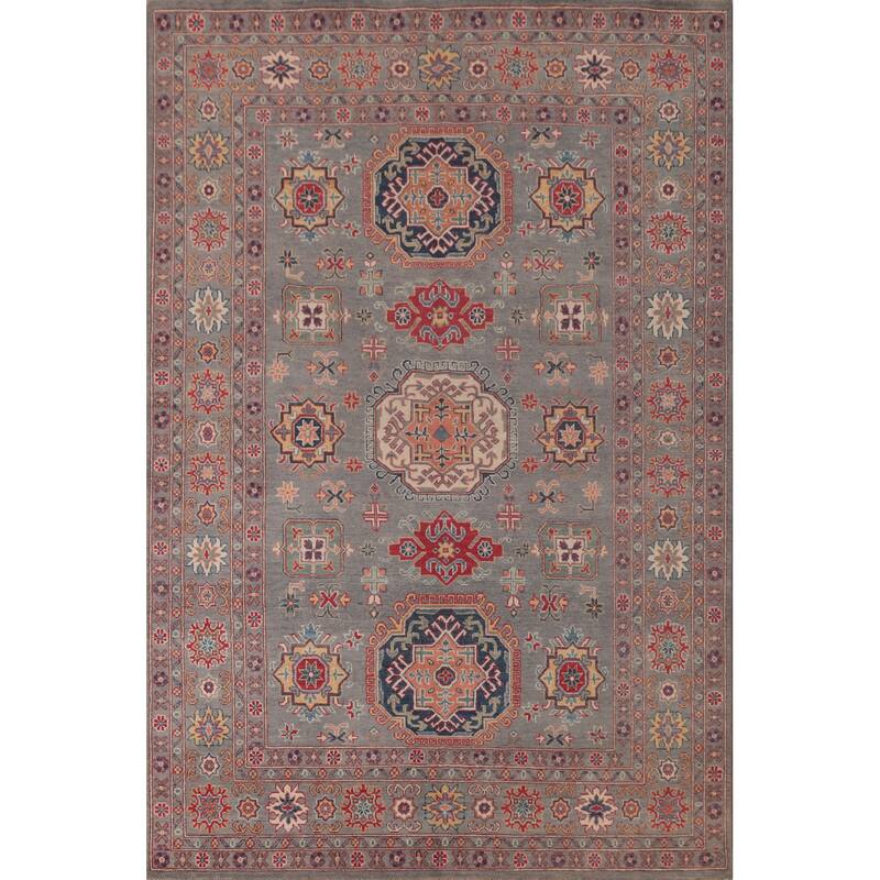 Gray Geometric Kazak Oriental Area Rug Handmade Wool Carpet - 6'8" x 9'8"