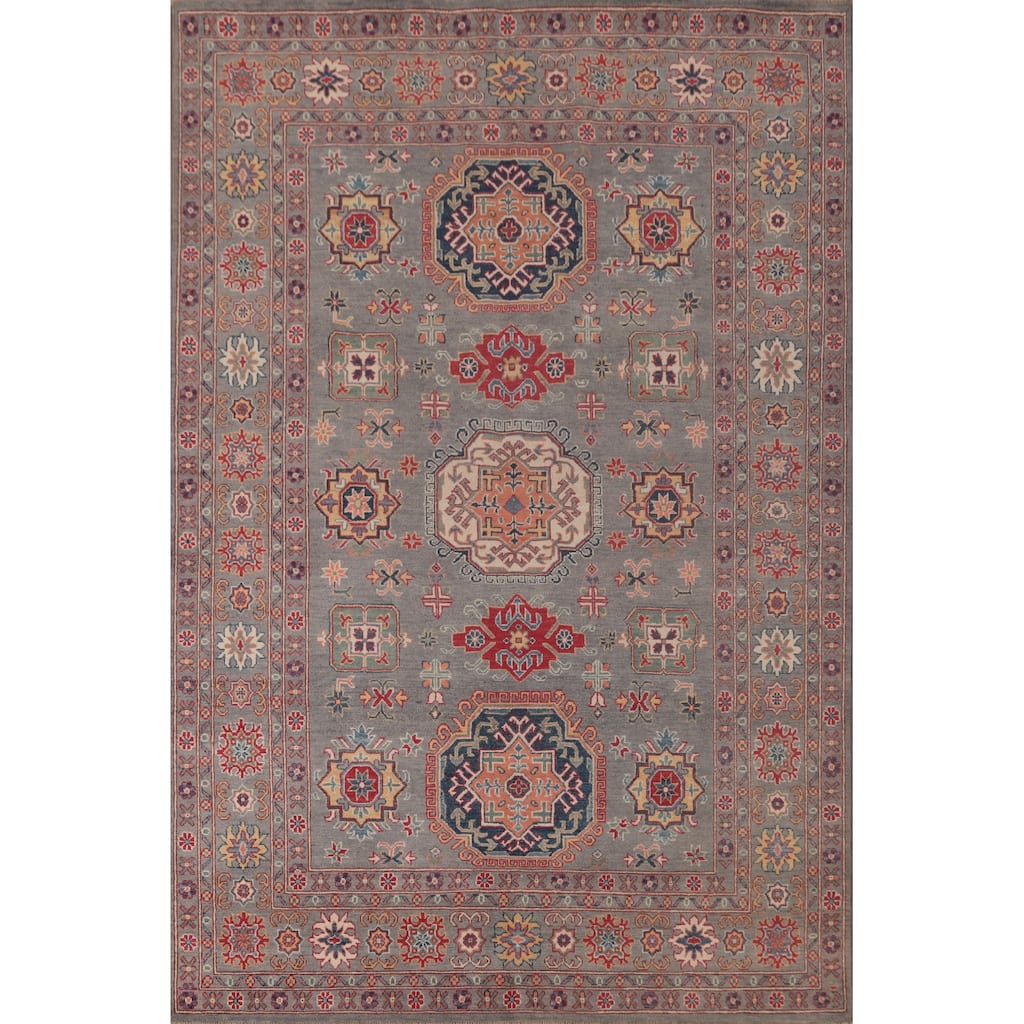 Gray Geometric Kazak Oriental Area Rug Handmade Wool Carpet - 6'8" x 9'8"