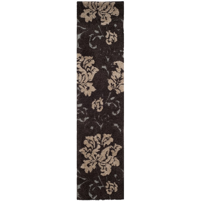 SAFAVIEH Florida Shag Kristrin Floral 1.2-inch Thick Rug - 2'3" x 11' Runner - Dark Brown/Smoke