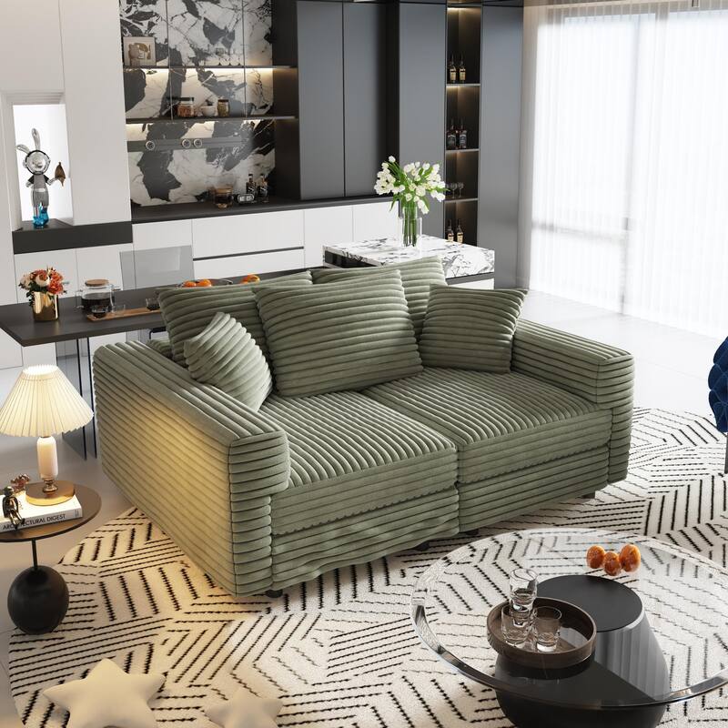 Plush Corduroy Upholstered 3 Seat Sofa , Convertible Deep Seat Lounge Sofa Chair, Cloud Sofa with 5 Soft Pillows
