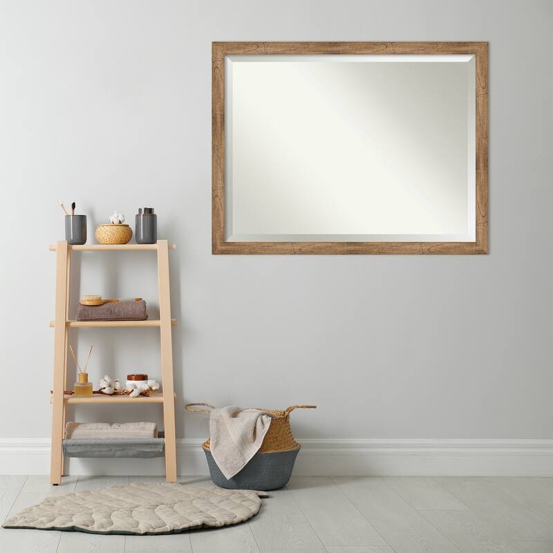 Beveled Wood Bathroom Wall Mirror - Owl Brown Narrow Frame