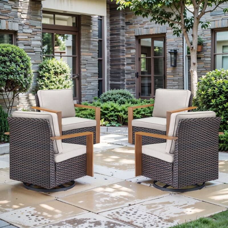 Pocassy Outdoor Patio Chairs Set for Garden Yards - 4 Pieces Swivel Chairs - Brown Wicker Beige Cushion
