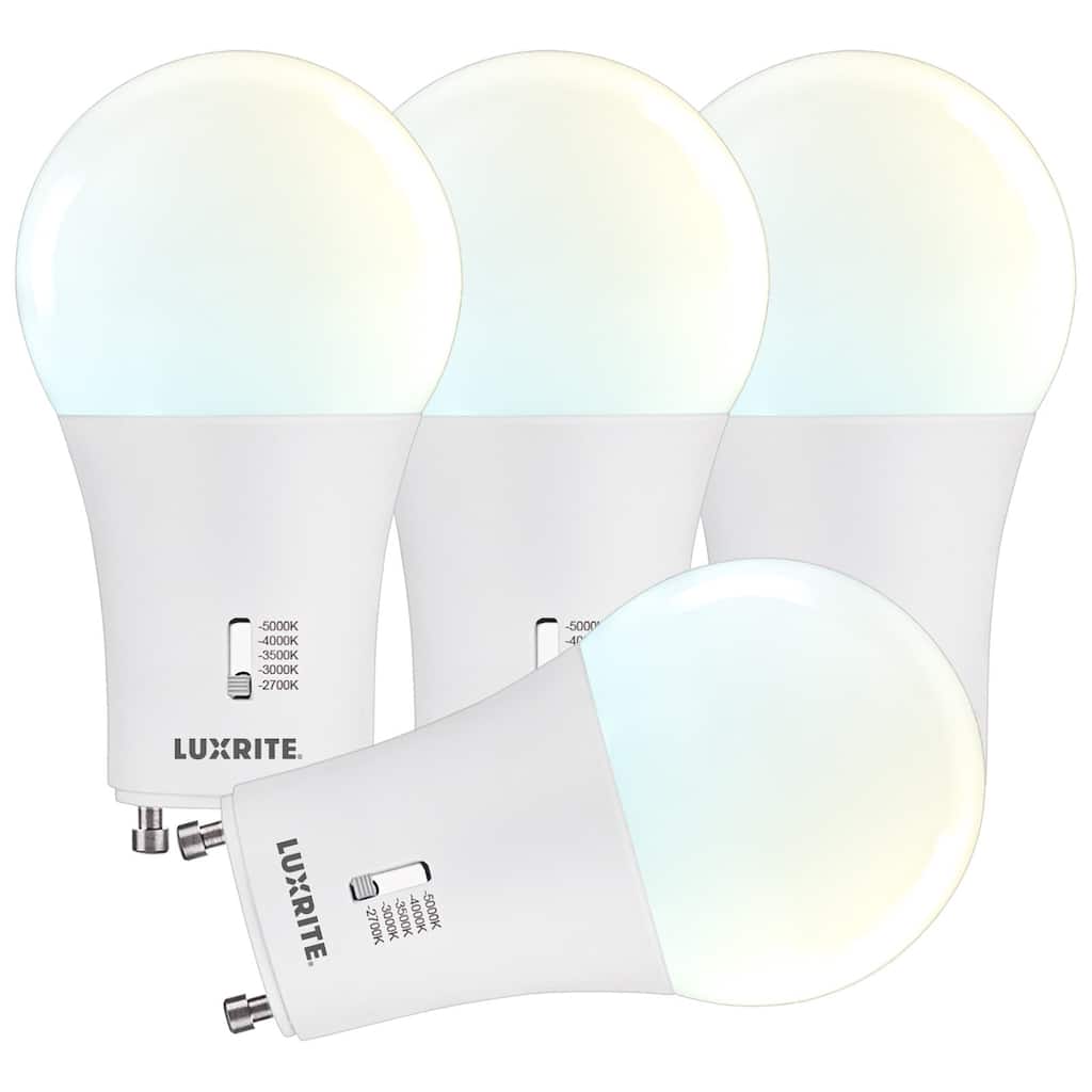 Luxrite A19 GU24 LED Bulb, 60 Watt Equivalent, 5CCT, Dimmable, 800 Lumens, 9W, Damp Rated, ETL Listed 4 Pack