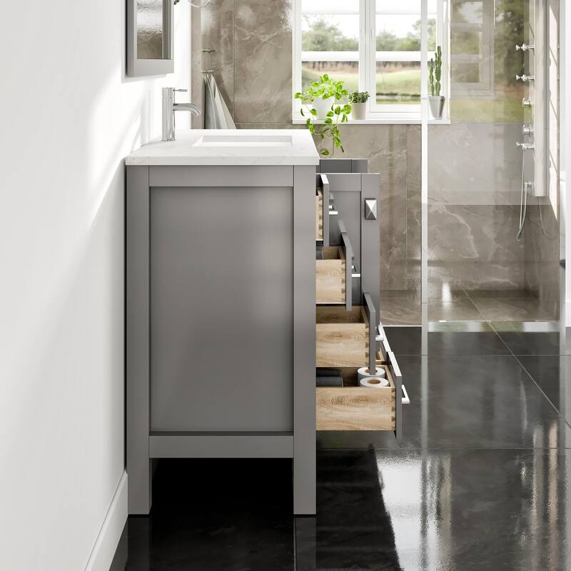 Eviva Hampton 36"W x 18"D Bath Vanity with Carrara Quartz Top