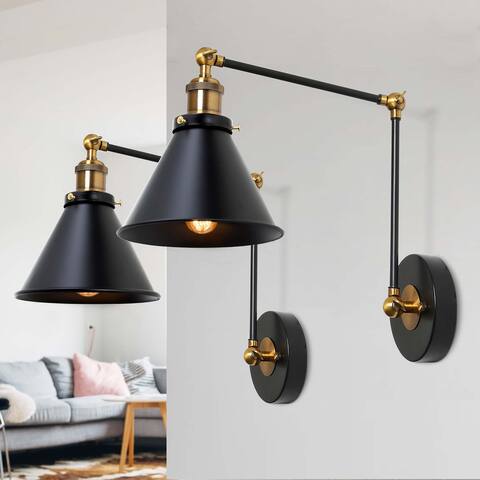 Malryn Set of 2 Modern Black Gold Adjustable Swing Arm Lights Plug-in Wall Sconces for Bedroom