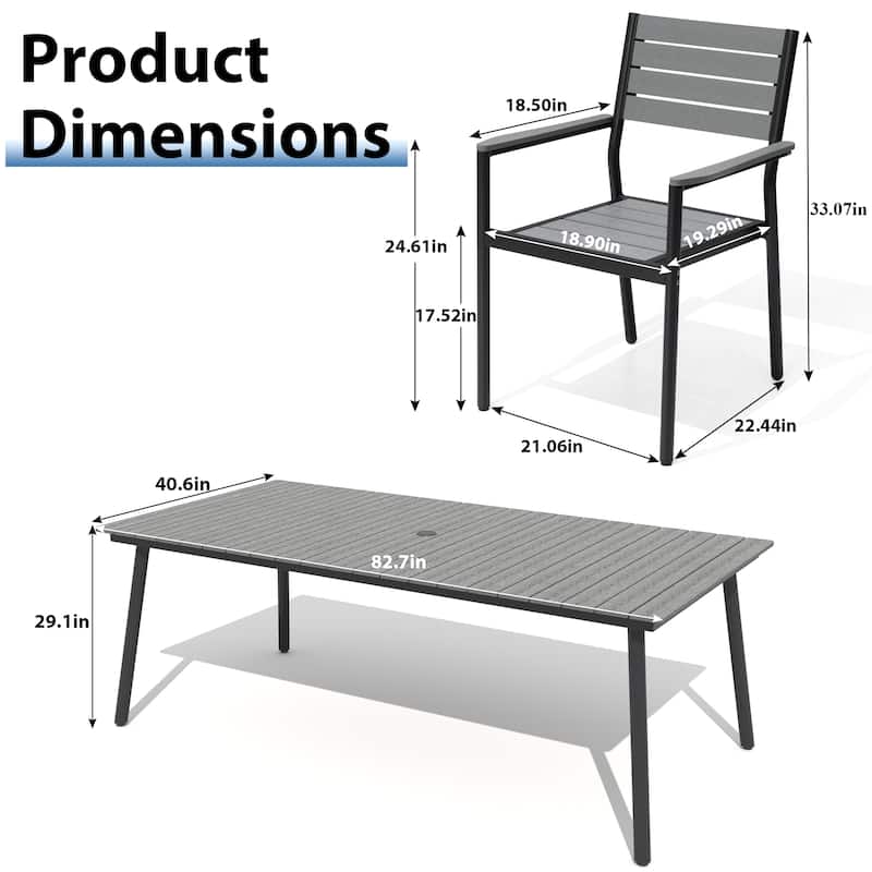 7/9-piece Outdoor Aluminum Rectangle Patio Dining Table with Umbrella Hole and Chairs