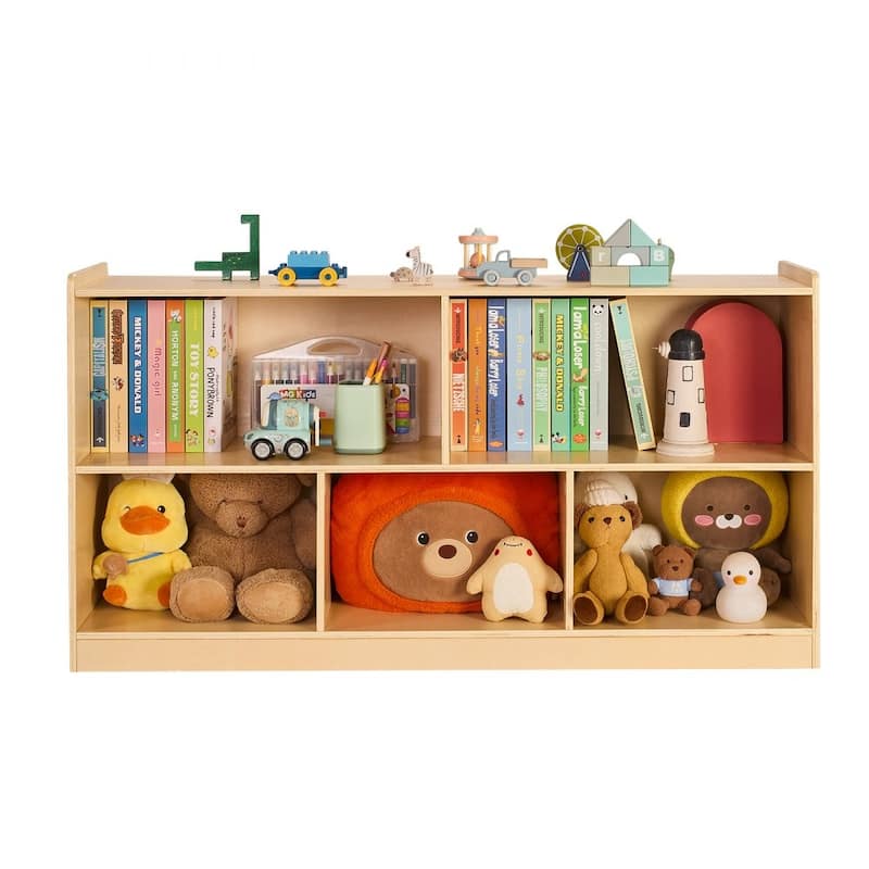 Brown Wooden Montessori Bookshelf with 5 Compartments and Top Shelf - 44.88 x 11.81 x 24.02 in