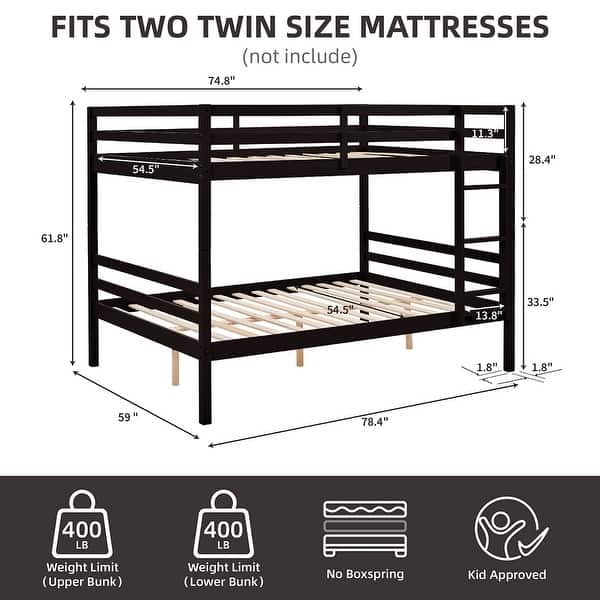 dimension image slide 2 of 4, Full over Full Wooden Bunk Bed,High Guardrail,Ladder,Kids Teens,Dorm