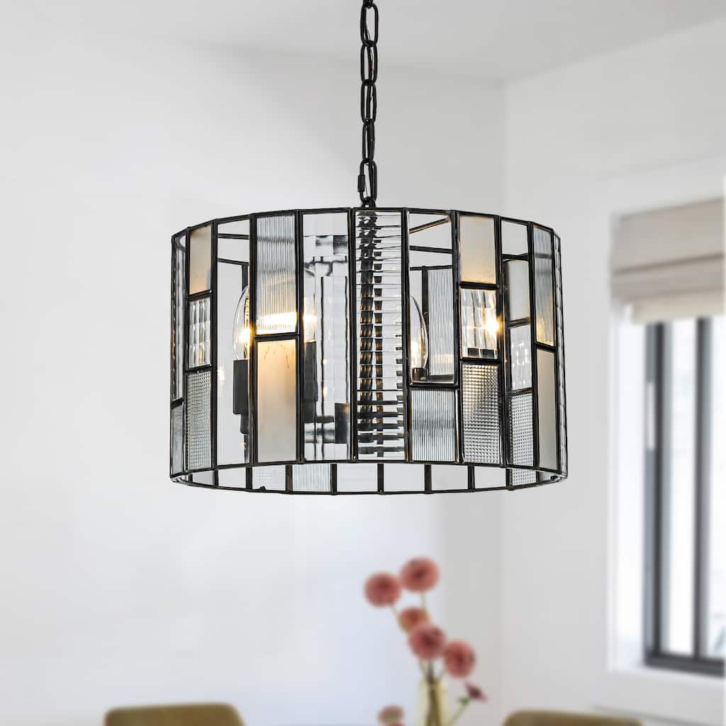Modern Matte Black Drum Chandelier 4-Light Art Glass Pendant with Adjustable Chain for Any Indoor Setting - W14"