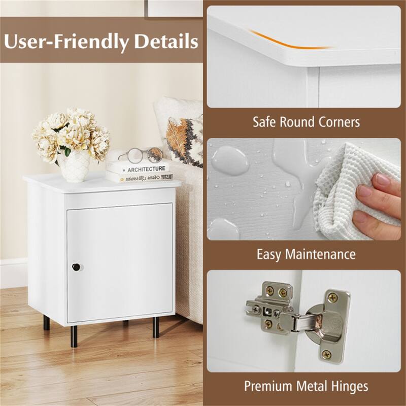 White Engineered Wood End Table with Cabinet Storage and Metal Legs Set of 2