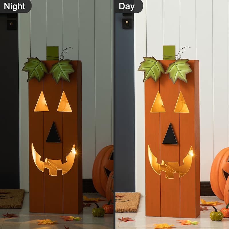 Glitzhome 30"H LED Lighted Halloween Pumkin Wooden Porch Decor with Timer