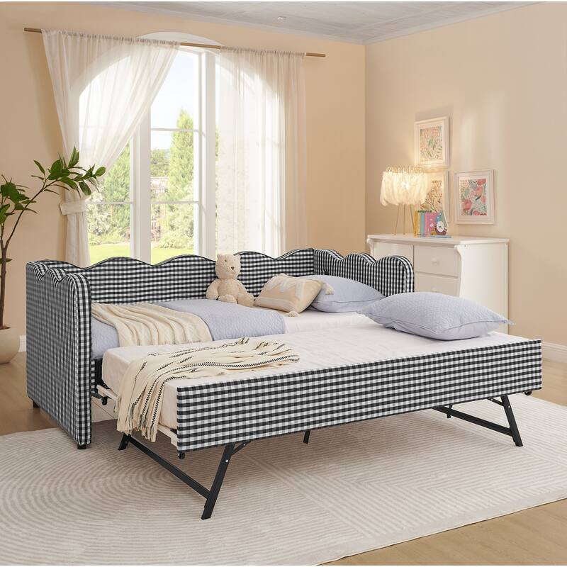 Roomfitters Gingham Daybed with Trundle, Twin Upholstered Sofa Bed with USB Port and Wave Edge Design