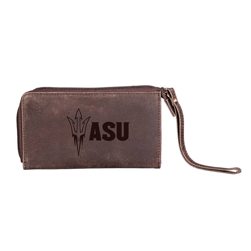Brown Leather Cell Phone Wristlet Wallet, Arizona State University - 4" x 7"