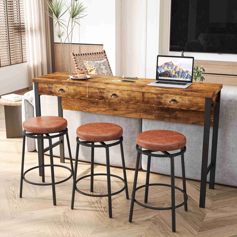 3-Drawer Long Dining Table Set with Power Outlets