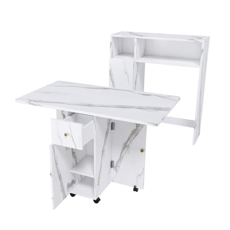 Anmytek Folding Marble Dining Table with Storage & Power Outlet, Convertible Desk for Small Space Kitchen Living Room