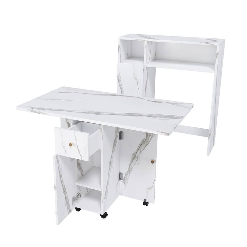 Folding Dining Table and Storage Sideboard with Charging Station， Multifunctional Space-Saving Kitchen Table with Wheels