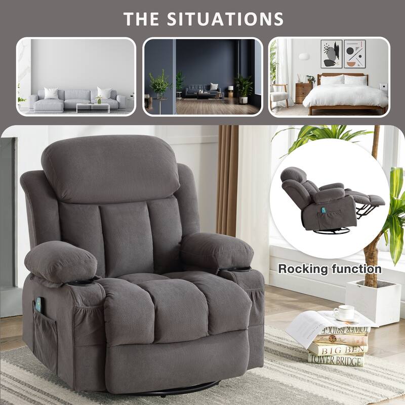 Swinging Recliner Massage Heated Sofa with USB, Cup Holders, Side Pockets, Eight Acupoint Massage