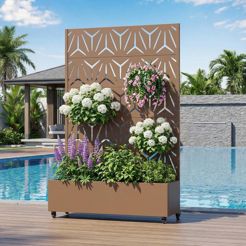 Metal Galvanized Planter Box with Trellis Privacy Screen Lockable Wheels - Brown-Rectangle - 72"x47"