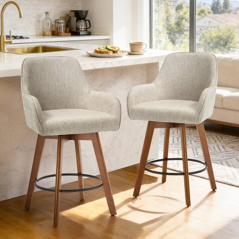 25 Inch Upholstered Swivel Counter Height Bar Stool with Armrests, Solid Wood Legs - 23.6"W x 22.4"D x 40.2"H
