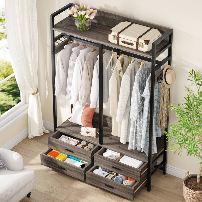 Freestanding Closet Organizer, 47-in Heavy Duty Garment Rack with Drawers and Hooks