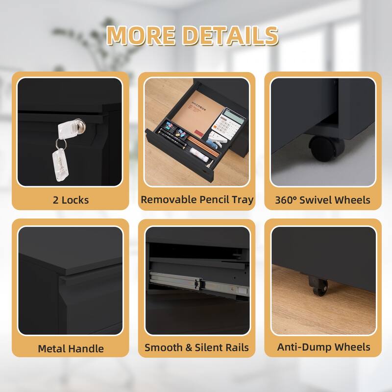 Filing Cabinets for Home Office Organizer , 3 Drawer Mobile File Cabinet with Lock & Anti-Tip Wheel,Under Desk Metal