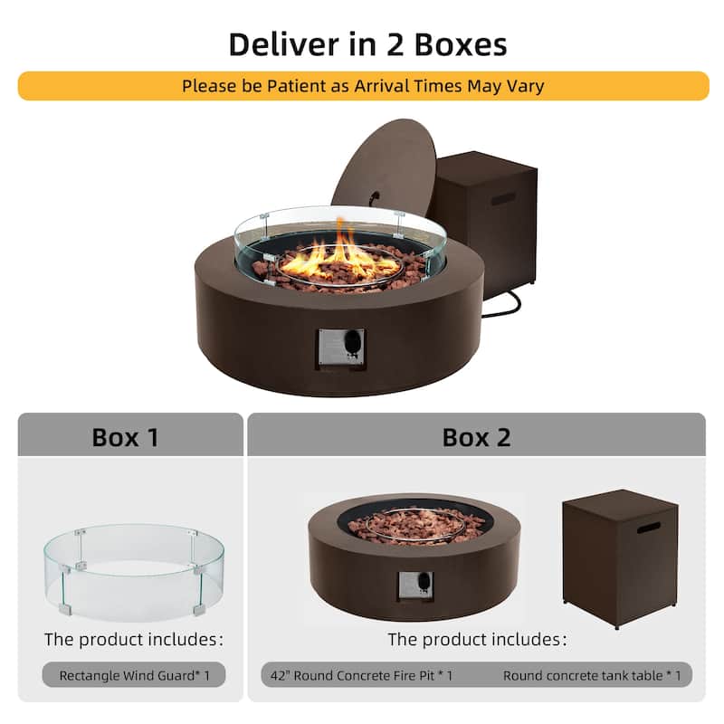 Patio Watcher Outdoor 42in. Iron Fire Pit Table with Propane Tank Cover and Glass Wind Guard