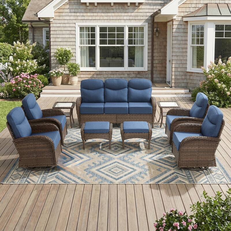 Pocassy Outdoor Sofa Swivel Chair and Ottman with Coffee Table - Brown Wicker Blue Cushion - 9-Piece Sofa Swivel Chiar with Ottoman