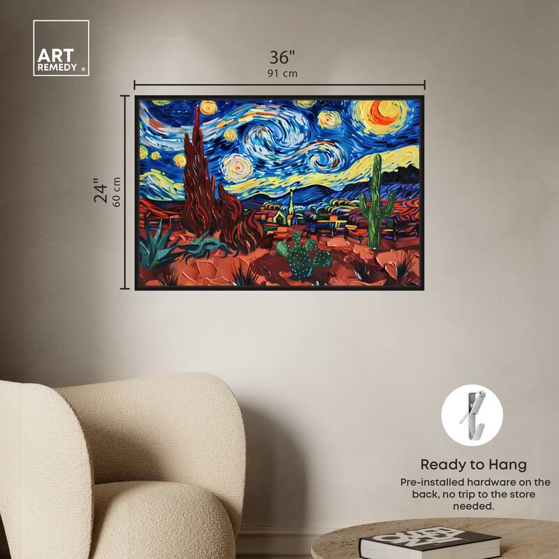 Art Remedy Desert Night Stars Framed Impressionism 1 Piece Canvas Wall Art /Monet And Van Gogh Inspired Art