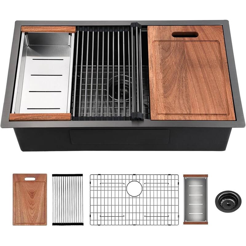 32" Gunmetal Black Undermount Workstation Sink - 16 Gauge Stainless Steel, 19" x 10" Deep, Handmade R10 Design with Accessories