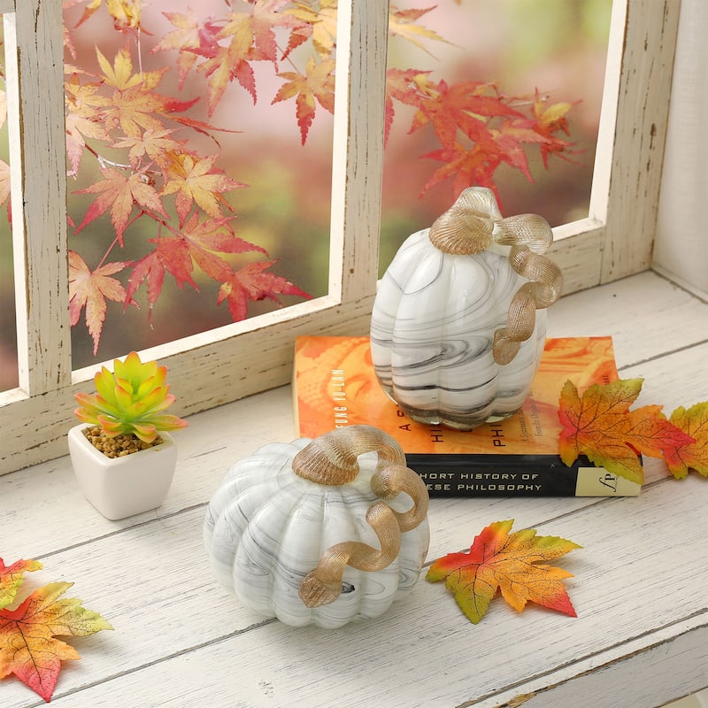 Glitzhome Fall Harvest Gray Marble Handblown Glass Pumpkins for Thanksgiving Decor - Round & Tall