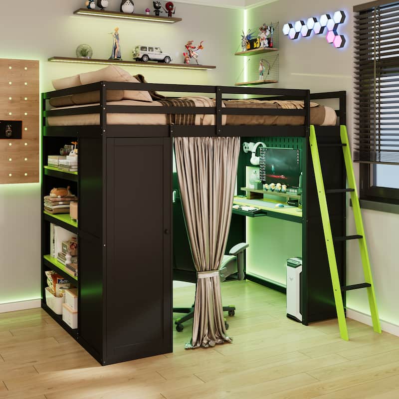 Full Size Wood Loft Bed with Wardrobe, Shelves, Blackout Curtains and RGB Lighting - Black+Green