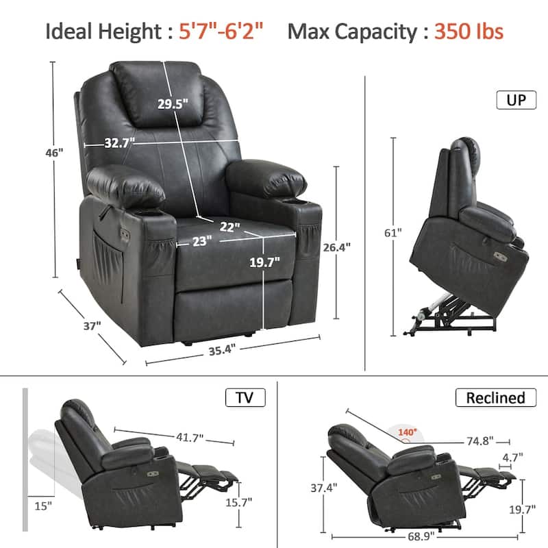MCombo Large Power Lift Recliner Leather Chair with Massage, Heat, Cup Holders,Extended Footrest, Leather 7516