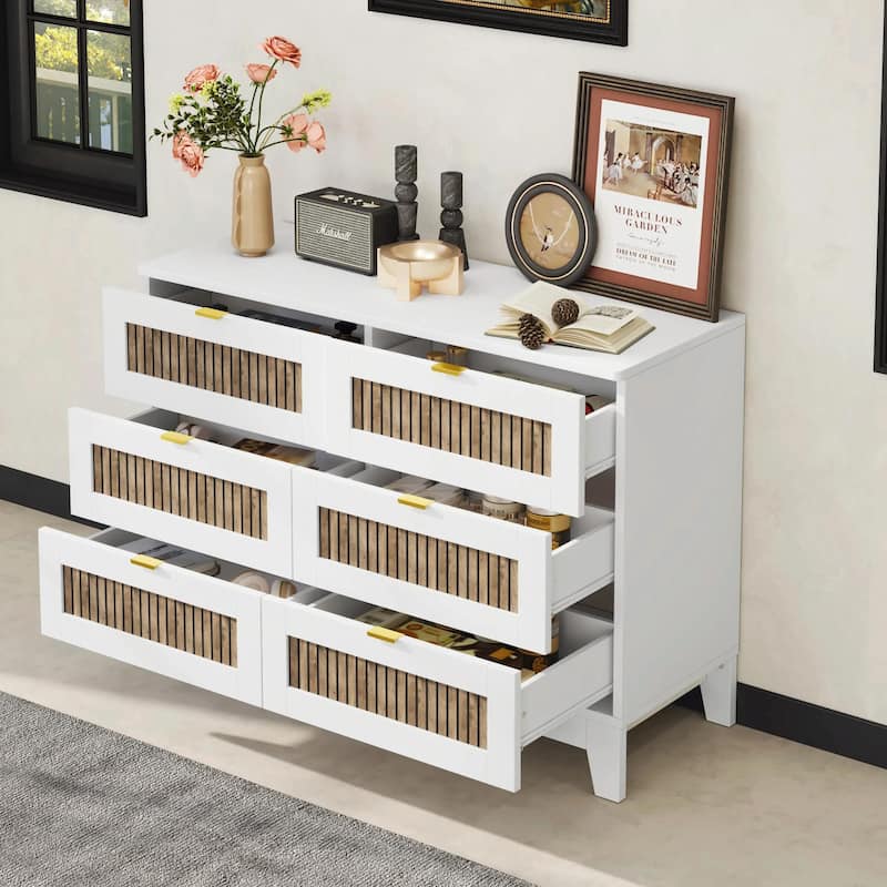 Rustic Farmhouse Style Wooden Dresser with 6 Drawers and Metal Handles